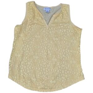 Liz Claiborne Women Yellow Floral Lace Front Tank Top Split V-Neck Sleeveless S
